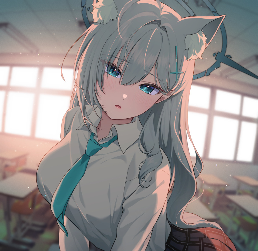 1girl, absurdres, animal_ear_fluff, animal_ears, black_halo, blue_archive, broken_halo, collared_shirt
