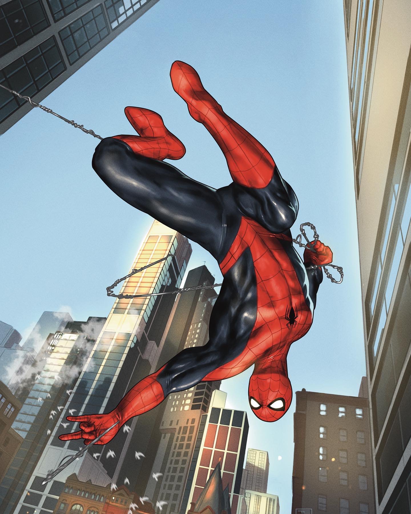 1boy, black_bodysuit, blue_sky, bodysuit, building, city, day, highres, marvel, outdoors, red_bodysuit, red_mask, sky, skyscraper, solo, spider-man, spider-man_(series), superhero_costume, taurin_clarke, two-tone_bodysuit, upside-down
