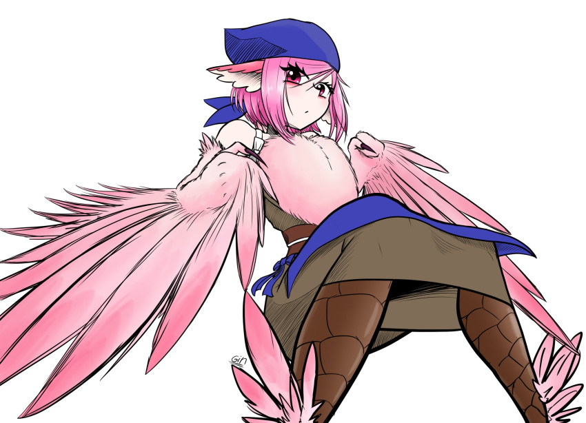 1girl, alternate_costume, animal_ears, bandana, bird_ears, bird_wings, blue_bandana, brown_dress, commentary, dress, fingernails, gin_ichimaru72, harpy, highres, long_fingernails, looking_at_viewer, monster_girl, mystia_lorelei, okamisty, pink_wings, red_eyes, sharp_fingernails, simple_background, solo, touhou, white_background, wings