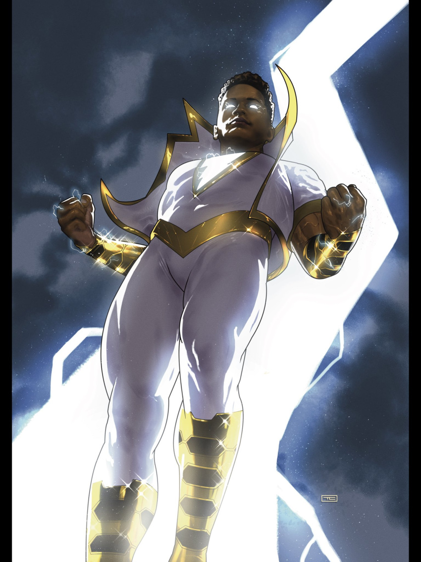 1boy, blank_eyes, bodysuit, bolt_(dc), boots, dark-skinned_male, dark_skin, dc_comics