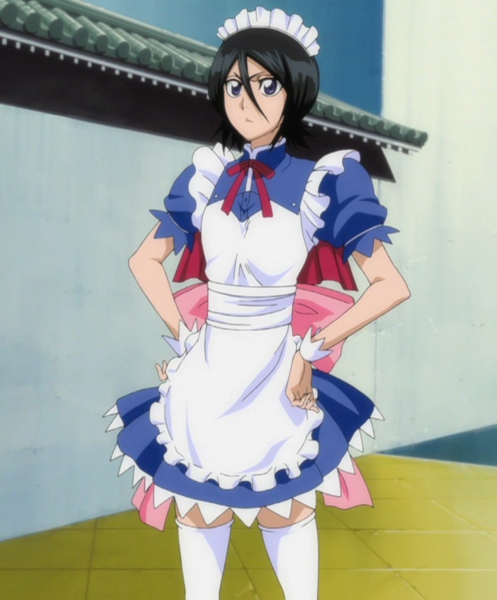 black_hair, bleach, blue_eyes, cap, hands_on_hips, highres, kuchiki_rukia, maid