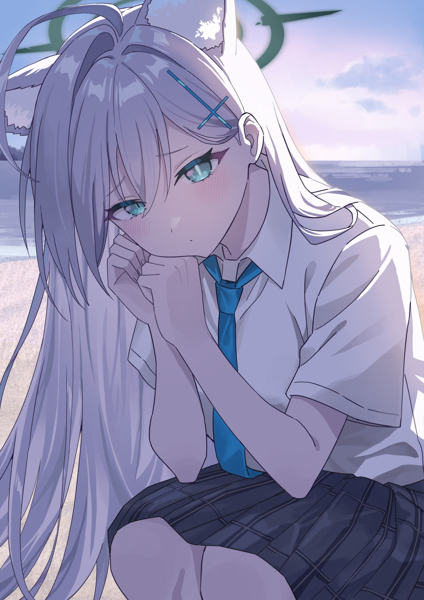 1girl, absurdres, animal_ear_fluff, animal_ears, black_halo, blue_archive, broken_halo, cross