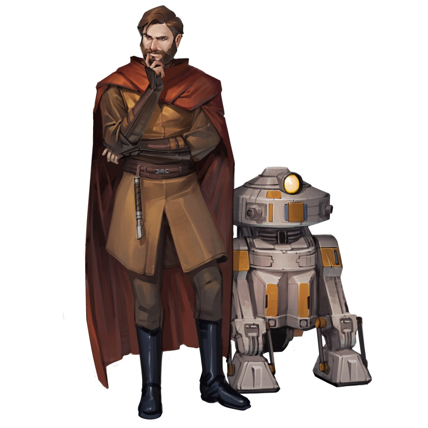1boy, beard, belt, black_footwear, boots, brown_belt, brown_eyes, brown_hair, brown_pants, brown_tunic, cape, facial_hair, highres, looking_to_the_side, orange_cape, pants, robot, short_hair, simple_background, solo, star_wars, star_wars:_the_old_republic, t7-01, tunic, white_background, will_nunes