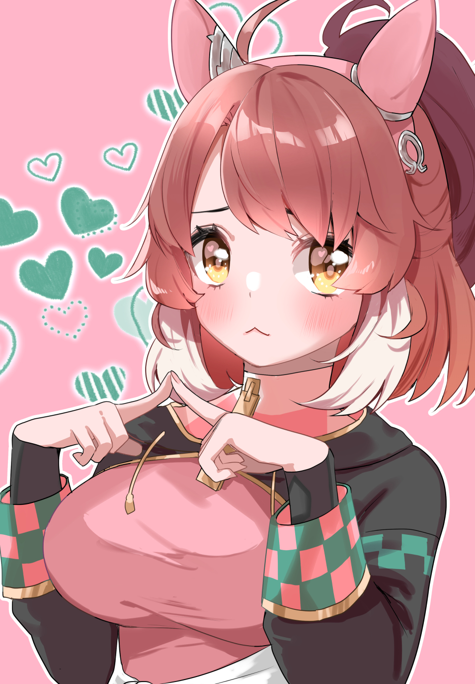 1girl, :<, ahoge, animal_ears, breasts, brown_eyes, brown_hair, closed_mouth, commentary_request, dantsu_flame_(umamusume), fidgeting, headband, highres, horse_girl, karamomo_(krmmap), looking_at_viewer, medium_breasts, medium_hair, portrait, simple_background, smile, solo, umamusume