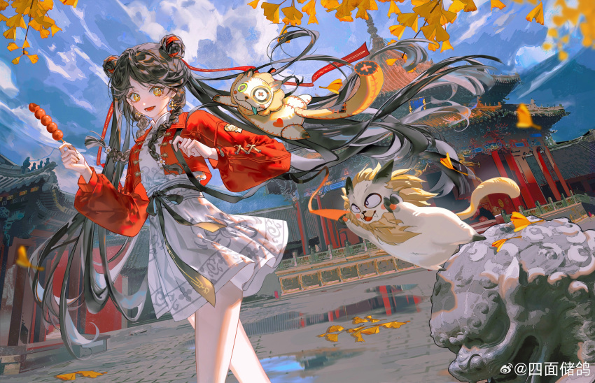 +_+, 1girl, :d, absurdres, animal_bag, architecture, black_hair, blue_sky