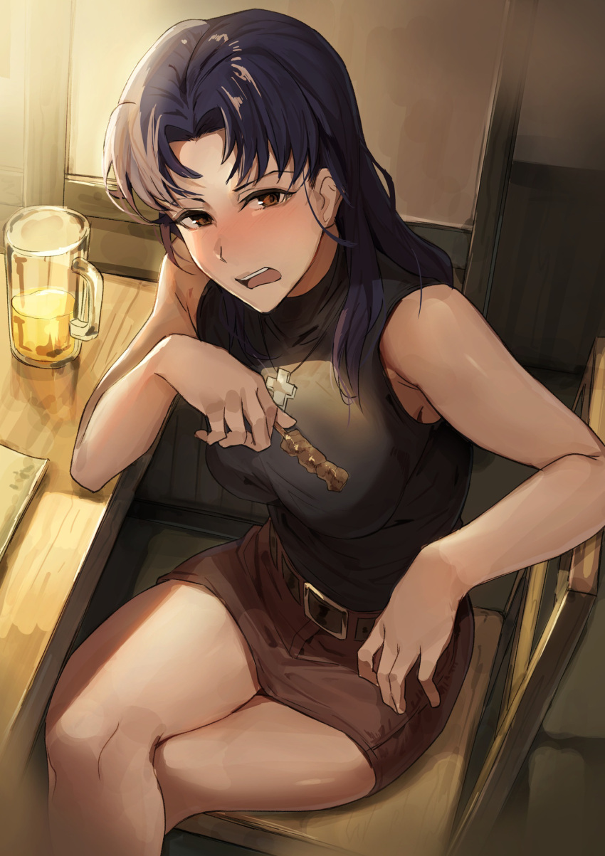 1girl, alcohol, beer, beer_mug, black_shirt, blush, brown_eyes, brown_skirt