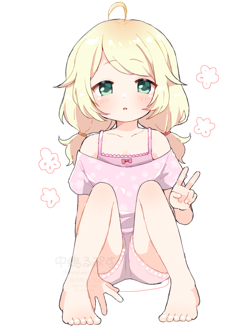 1girl, ahoge, artist_name, bare_legs, bare_shoulders, barefoot, blonde_hair, blush, camisole, child, copyright_notice, dot_nose, full_body, green_eyes, green_pupils, hand_on_ground, idolmaster, idolmaster_cinderella_girls, knees_up, legs_apart, long_hair, looking_at_viewer, low_twintails, medium_bangs, nakajima_lupus, off-shoulder_shirt, off_shoulder, open_mouth, pajamas, pink_camisole, pink_pajamas, pink_shirt, pink_shorts, shirt, short_twintails, shorts, simple_background, sitting, solo, straight-on, twintails, twitter_username, v, watermark, white_background, yusa_kozue