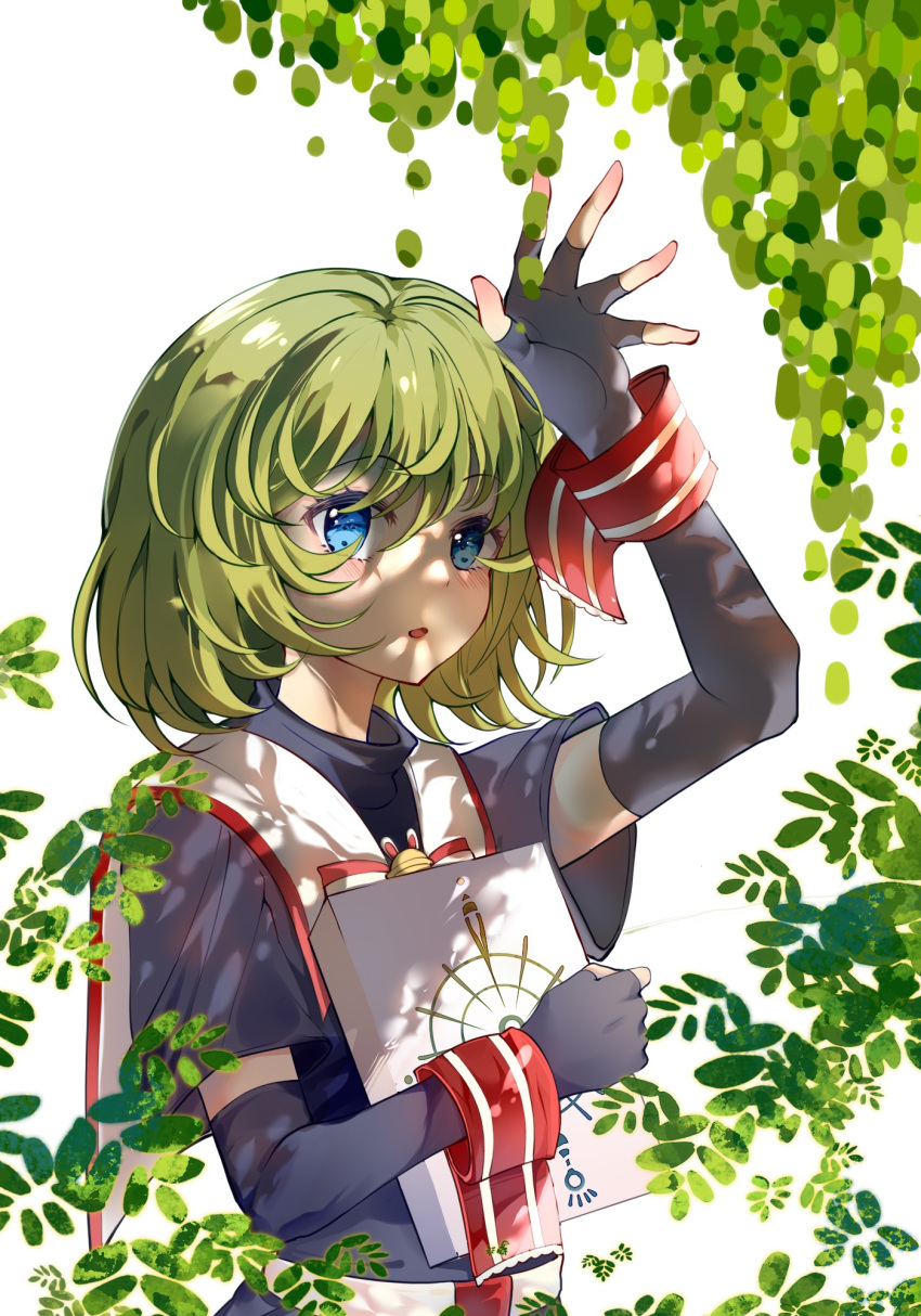 blue_eyes, blush, book, bush, ebm7-5, elbow_gloves, fingerless_gloves, gloves