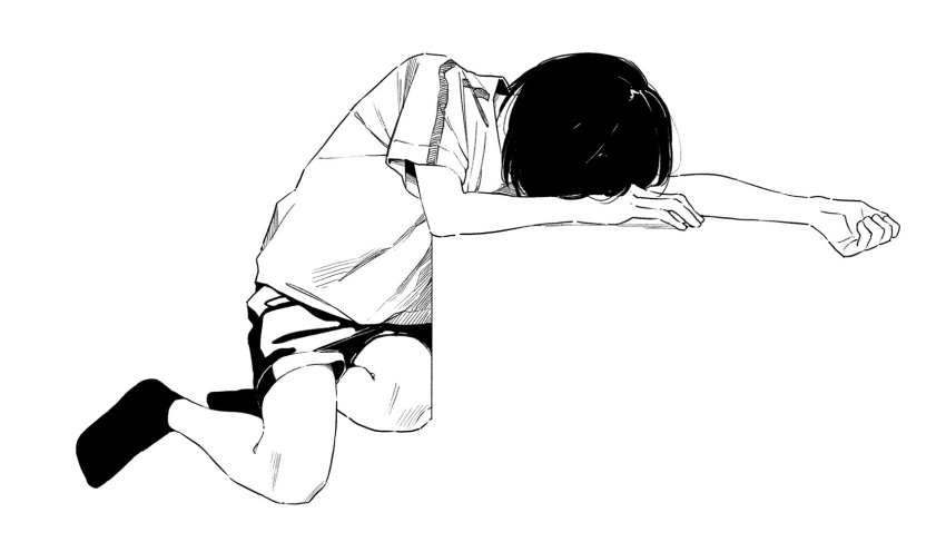 1girl, full_body, greyscale, highres, kushiro_yuu, monochrome, no_shoes, original