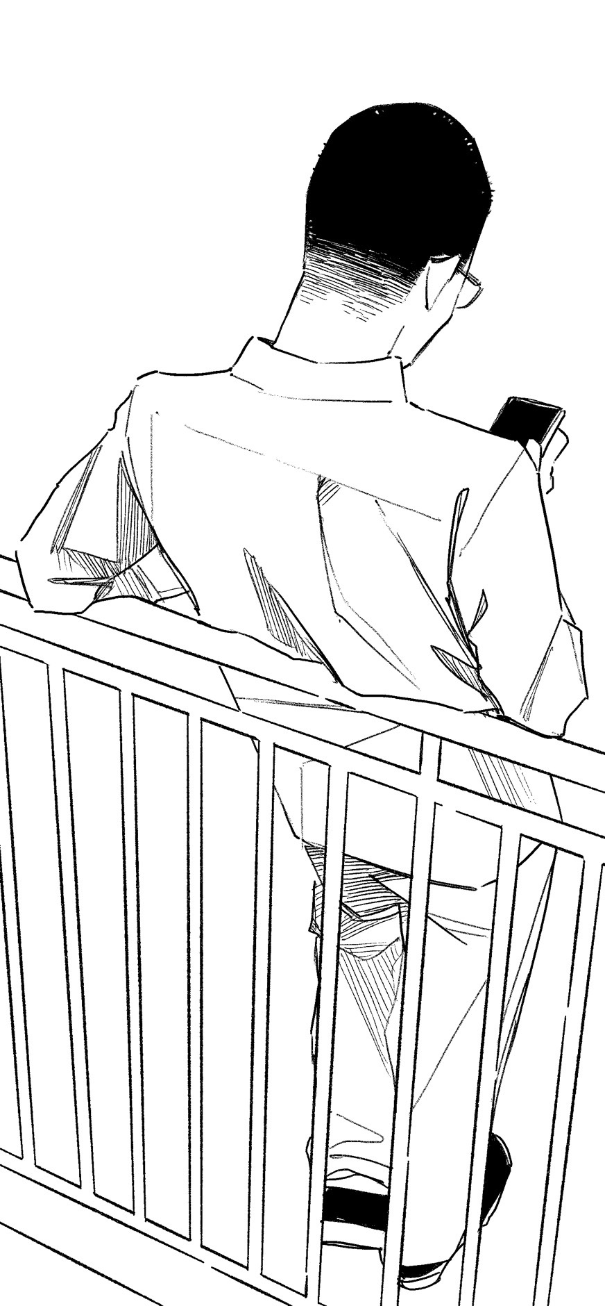 1boy, facing_away, from_behind, full_body, greyscale, highres, holding, holding_phone