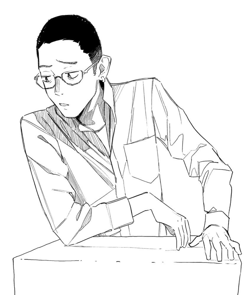 1boy, collared_shirt, dress_shirt, glasses, greyscale, highres, kushiro_yuu, long_sleeves