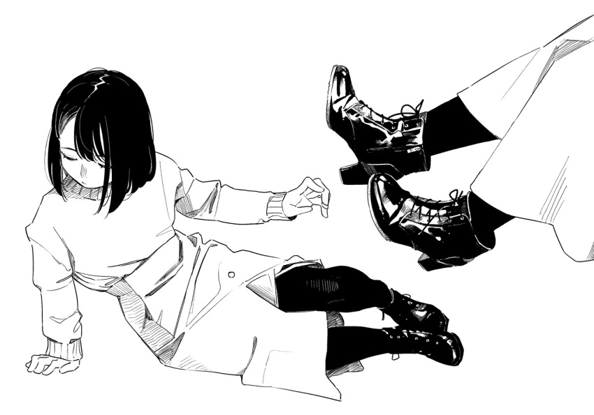 1girl, ankle_boots, boots, closed_eyes, dress, full_body, greyscale, kushiro_yuu