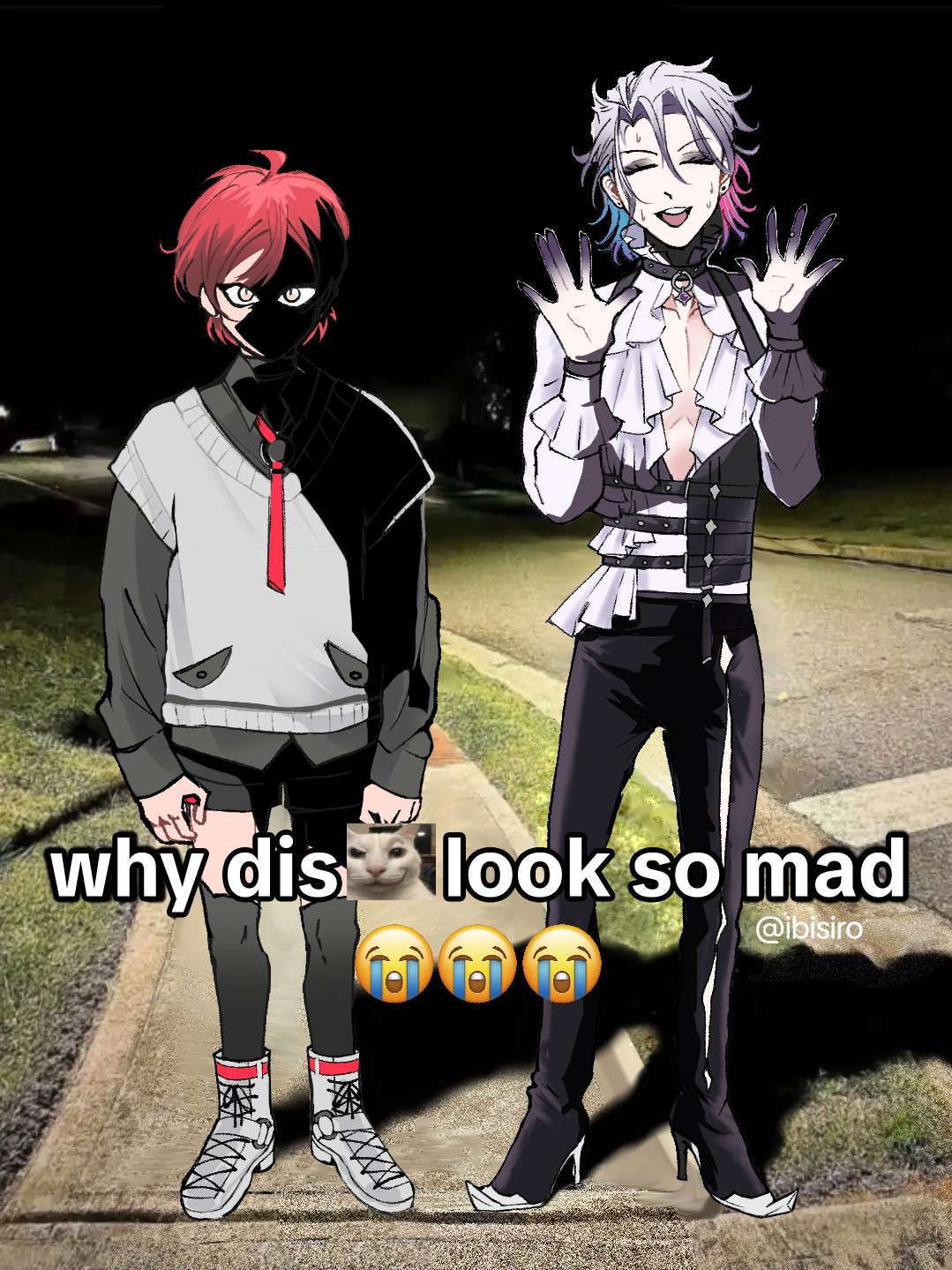 2boys, artist_name, black_socks, blue_hair, choker, closed_eyes, collared_shirt, colored_skin