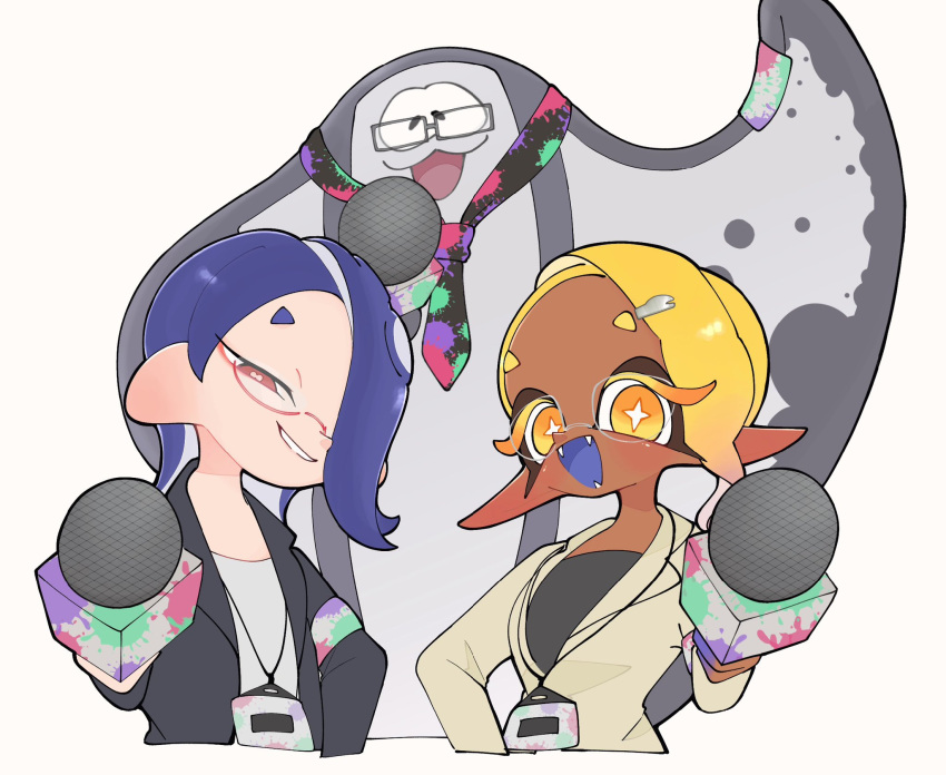 2girls, 333surimi, :d, bespectacled, big_man_(splatoon), black_suit, blonde_hair, bright_pupils, colored_eyelashes, commentary_request, dark-skinned_female, dark_skin, fangs, frye_(splatoon), glasses, highres, holding, holding_microphone, inkling, lanyard, long_pointy_ears, looking_at_viewer, medium_hair, microphone, multiple_girls, octoling, official_alternate_costume, open_mouth, pointing, pointing_at_viewer, pointy_ears, red-framed_eyewear, red_eyes, shiver_(splatoon), short_eyebrows, simple_background, smile, splatoon_(series), splatoon_3, star-shaped_pupils, star_(symbol), suit, symbol-shaped_pupils, tentacle_hair, thick_eyebrows, white_background, white_pupils, yellow_eyes