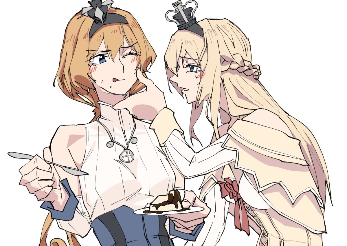 2girls, blonde_hair, blue_eyes, cake, commentary_request, crown, dress, food