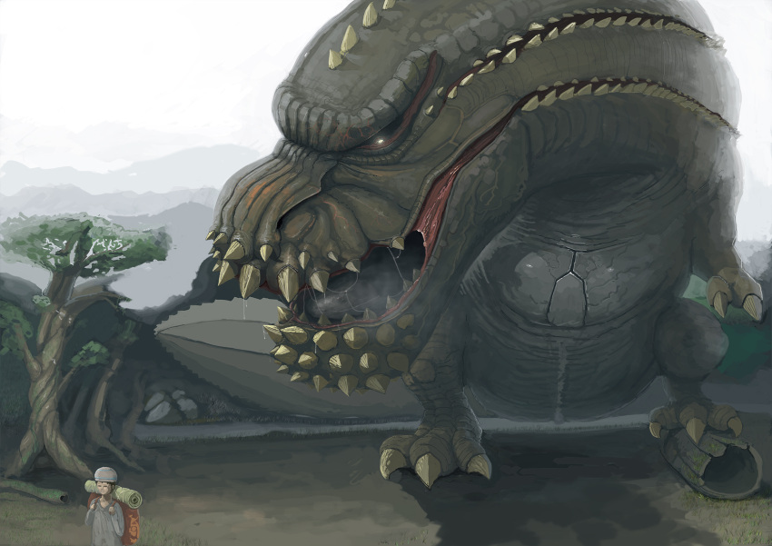 bag, battery_(kdti), claws, deviljho, fangs, forest, glowing, glowing_eye
