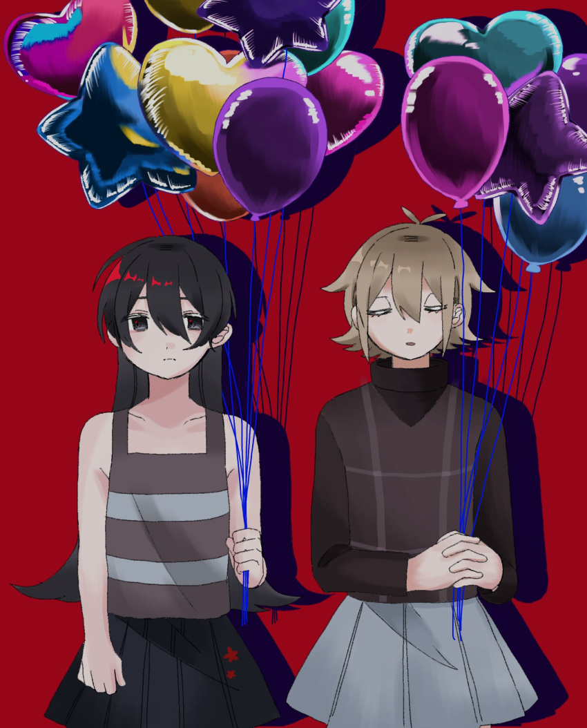 2girls, balloon, black_hair, black_skirt, blonde_hair, closed_eyes, glowing, glowing_hair, grey_skirt, hair_between_eyes, heart_balloon, highres, holding, holding_balloon, horizontal-striped_clothes, jiaojiao, light_frown, long_hair, multiple_girls, own_hands_clasped, own_hands_together, plaid_clothes, plaid_sweater, purple_sweater, purple_vest, red_background, shadow, shimako_(yume_2kki), short_bangs, short_hair, simple_background, skirt, star_balloon, striped_clothes, striped_singlet, striped_tank_top, sweater, tank_top, turtleneck, turtleneck_sweater, urotsuki, vest, yume_2kki