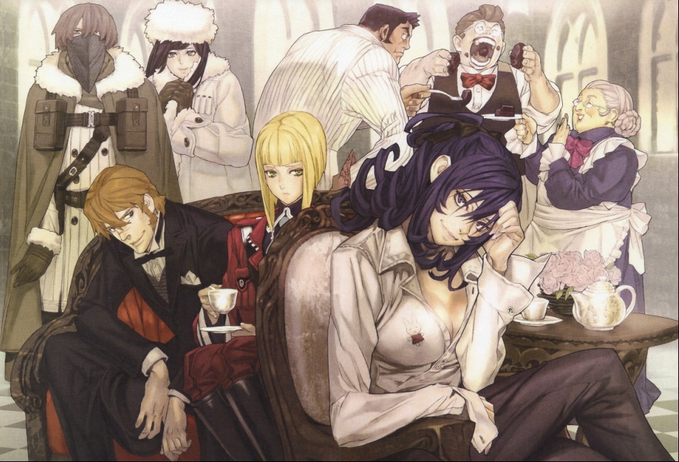 black_hair, blonde_hair, blue_eyes, bow, bowtie, breasts, cup, dress_shirt