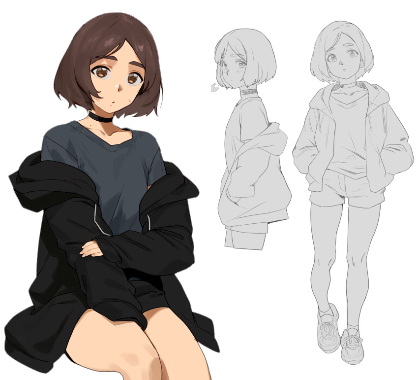 1girl, absurdres, black_choker, blush, bob_cut, breasts, breath, brown_eyes, brown_hair, choker, collarbone, cropped_legs, drawstring, feet_out_of_frame, from_side, full_body, grey_shirt, hand_on_lap, hand_on_own_arm, hands_in_pockets, highres, hood, hood_down, hoodie, looking_at_viewer, looking_to_the_side, multiple_views, off_shoulder, open_clothes, open_hoodie, original, parted_bangs, partially_colored, shirt, shoes, short_hair, short_shorts, shorts, simple_background, sitting, sleeves_past_wrists, small_breasts, solo_focus, standing, sweatdrop, t-shirt, thernz, thick_eyebrows, white_background