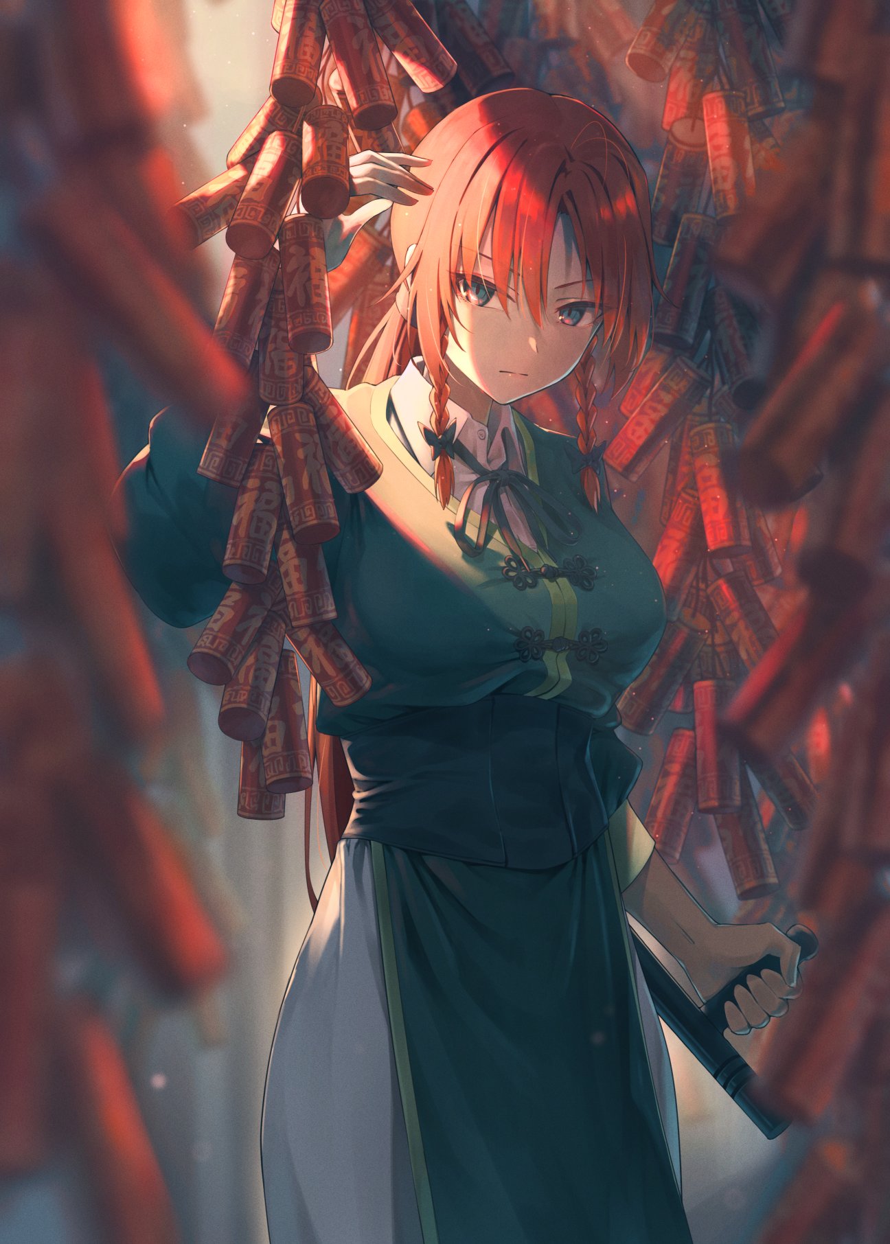 1girl, baton_(weapon), black_bow, black_ribbon, blurry, blurry_foreground, bow, braid, breasts, chinese_clothes, collared_shirt, commentary, cowboy_shot, firecrackers, good_fortune_symbol, green_eyes, green_vest, greenkohgen, hair_between_eyes, hair_bow, highres, holding, holding_weapon, hong_meiling, large_breasts, long_hair, long_sleeves, neck_ribbon, no_headwear, ponytail, redhead, ribbon, shirt, solo, touhou, twin_braids, vest, weapon, white_shirt