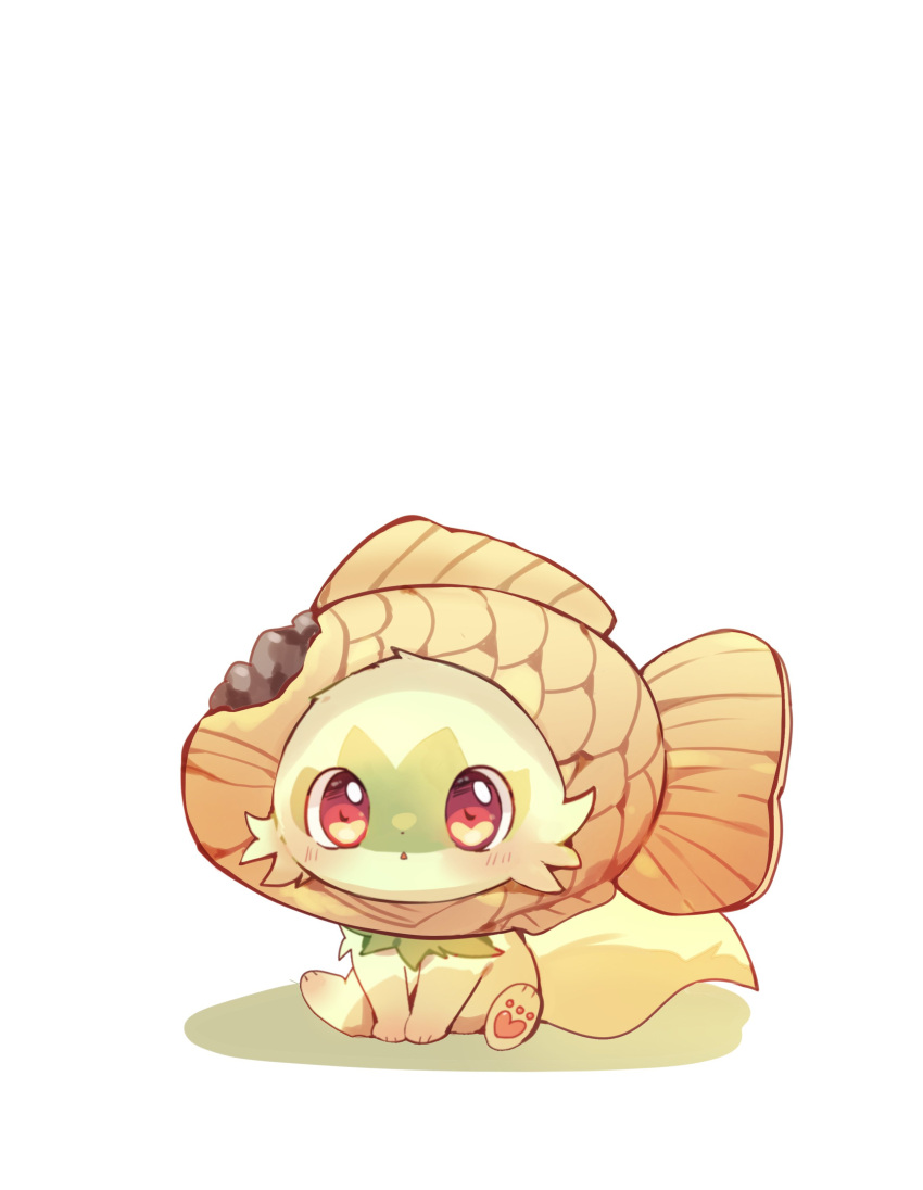 :<, absurdres, blush, commentary_request, food, food-themed_hat, highres, no_humans
