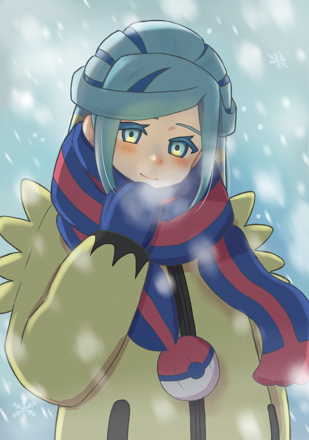1boy, aqua_eyes, aqua_hair, blue_mittens, blue_scarf, blush, closed_mouth, commentary_request