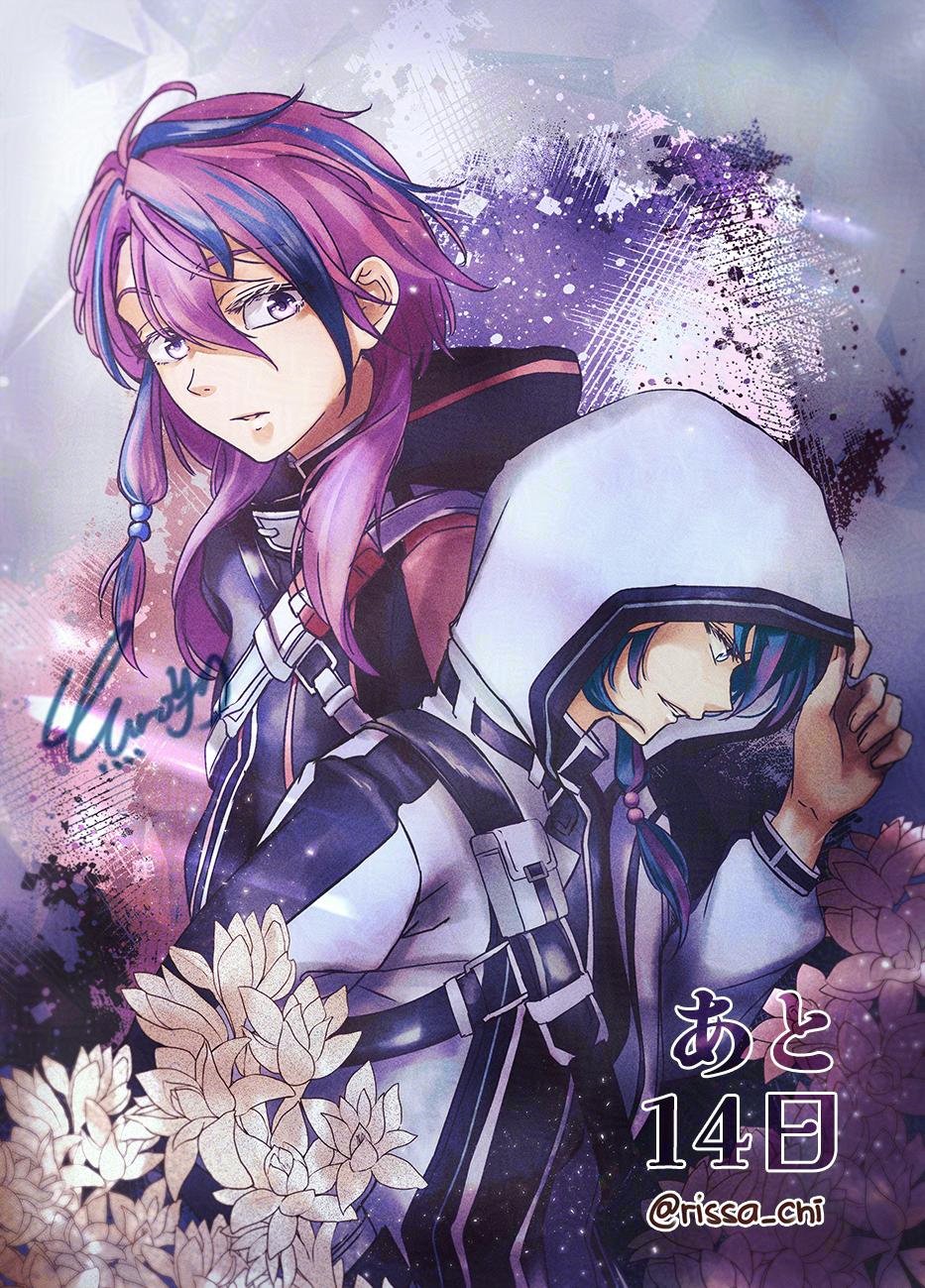 1boy, 1girl, abstract_background, black_hoodie, blue_hair, brother_and_sister, commentary_request, countdown