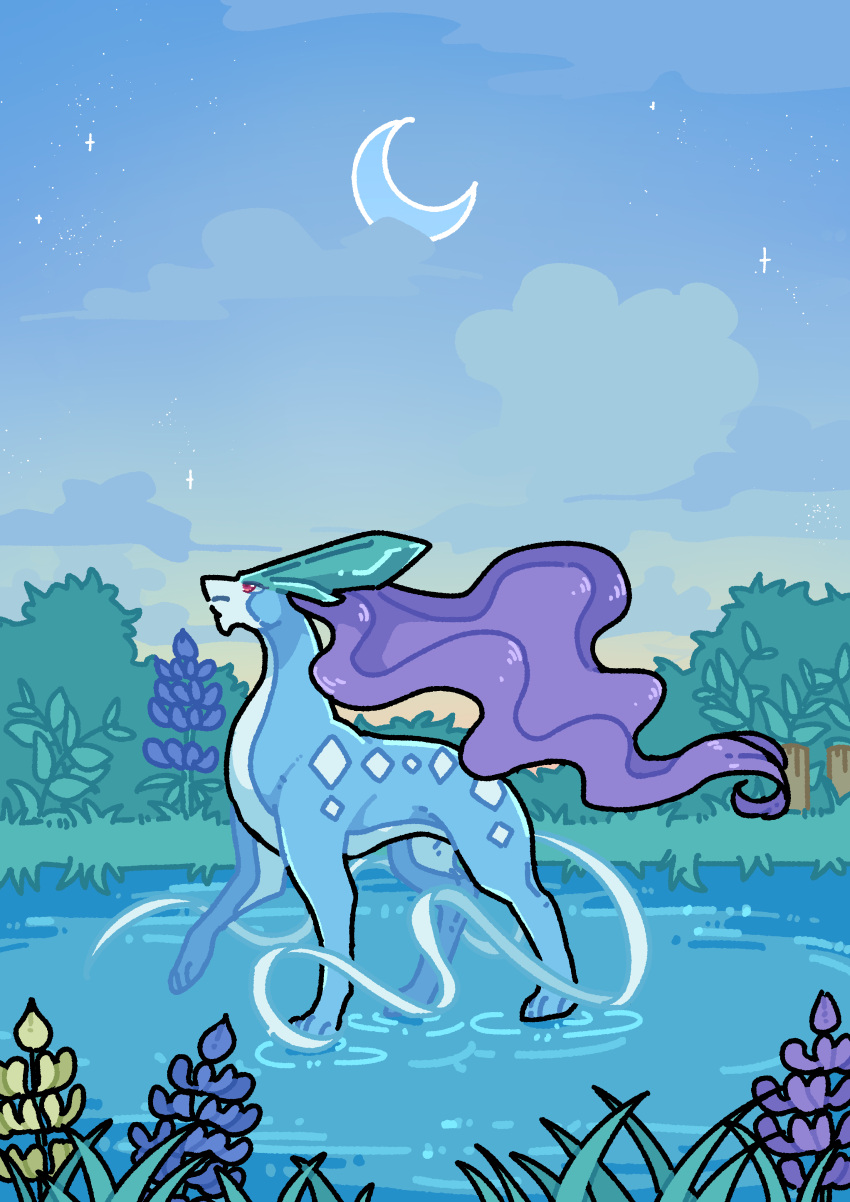 absurdres, clouds, commentary_request, crescent_moon, from_side, highres, moon, no_humans, ohayou_milk, outdoors, pokemon, pokemon_(creature), pond, ripples, sky, solo, standing, suicune, water