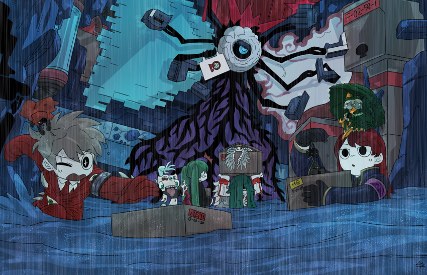 1boy, 1girl, 5others, black_eyes, black_gloves, black_swan_(e.g.o), box, chesed_(project_moon)