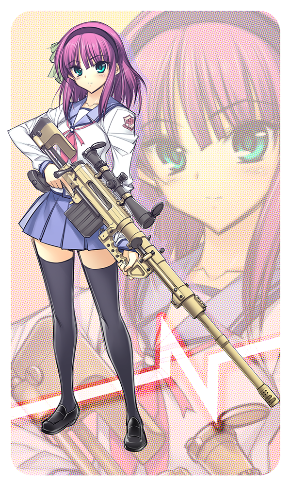 black_legwear, black_thighhighs, blush, bolt_action, cheytac_m-200_intervention_(rifle), cheytac_m200, green_eyes, gun, hairband, hiyohiyo, purple_hair, rifle, school_uniform, scope, serafuku, skirt, sniper_rifle, solo, thigh-highs, thighhighs, trigger_discipline, weapon, yuri_(angel_beats!), zettai_ryouiki, zoom_layer