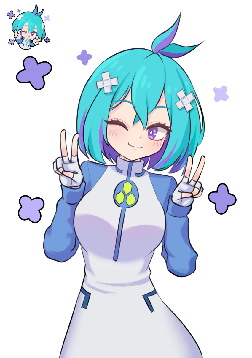 1girl, absurdres, ahoge, blue_hair, chibi, double_v, dress, fingerless_gloves, gloves, hair_ornament, highres, kartrider, kartrider:_drift, light_blush, miso_(kartrider:_drift), multicolored_hair, one_eye_closed, purple_hair, short_hair, simple_background, smile, spammayoss, turtleneck, two-tone_hair, v, violet_eyes, white_background