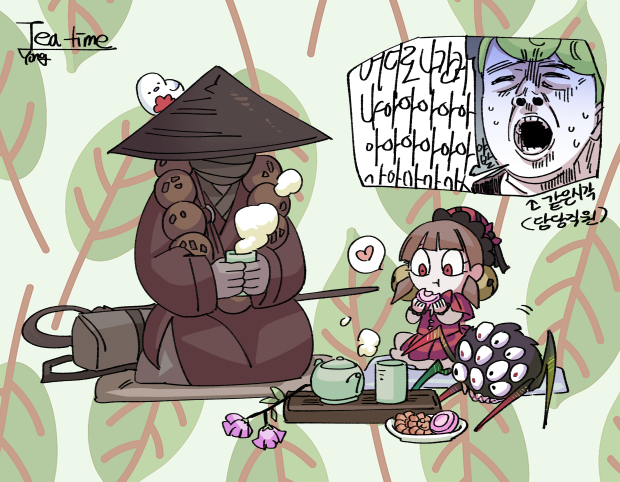 1boy, 1girl, 1other, bead_necklace, beads, black_hat, brown_hair, bug, closed_mouth, clouded_monk, cup, employee_(project_moon), flower, force_(4sk_force), green_hair, hat, heart, holding, holding_cup, jewelry, laetitia_(project_moon), lobotomy_corporation, low_twintails, necklace, open_mouth, project_moon, punishing_bird, red_eyes, rice_hat, sitting, spider, teapot, tray, twintails, yunomi