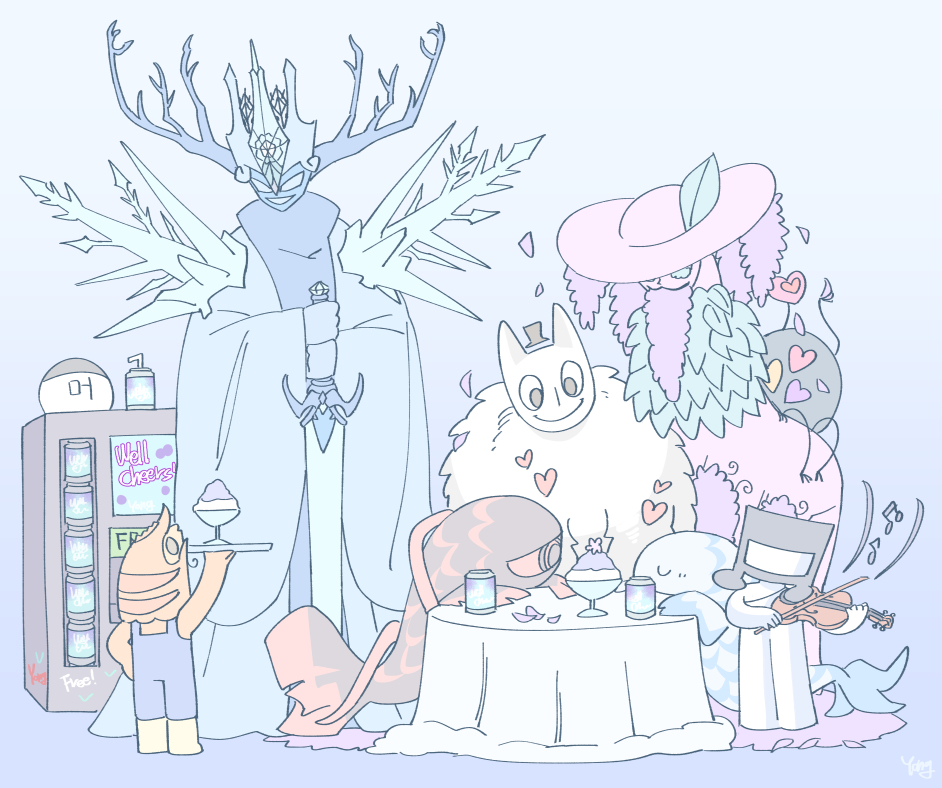 1girl, 2others, alriune, arm_up, black_eyes, black_hat, blue_coat, blue_overalls