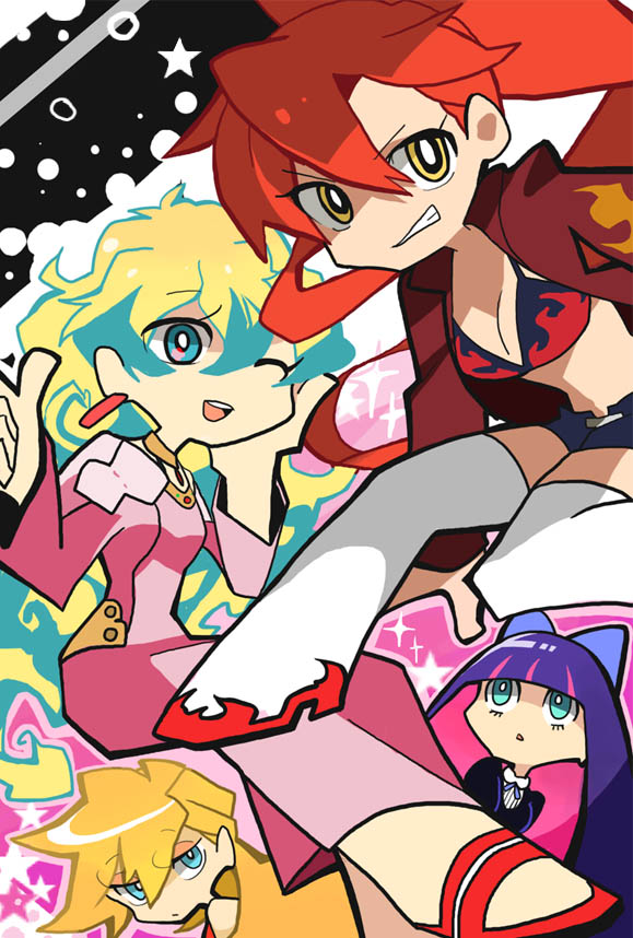 creator_connection, crossover, gainax, nia_teppelin, panty_&amp;_stocking_with_garterbelt, panty_(character), panty_(psg), parody, stocking_(character), stocking_(psg), style_parody, tengen_toppa_gurren-lagann, tengen_toppa_gurren_lagann, thighhighs, ume_taro, yoko_littner