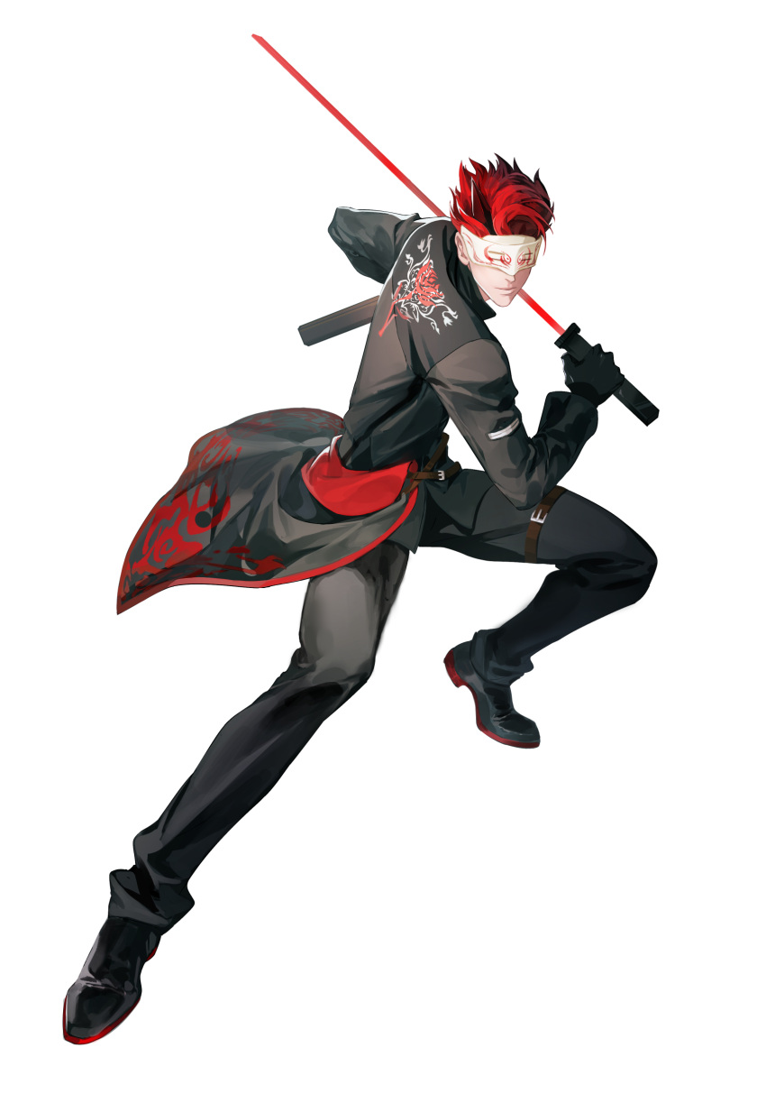1boy, absurdres, adam_taurus, black_footwear, black_gloves, black_jacket, black_pants, buckle, eihara, emblem, faunus_(rwby), fighting_stance, floral_print, flower, gloves, highres, holding, holding_sheath, holding_sword, holding_weapon, horns, jacket, katana, mask, pale_skin, pants, red_flower, red_rose, red_sash, redhead, rose, rose_print, rwby, sash, scabbard, sheath, shoes, short_hair, simple_background, solo, standing, sword, twisted_torso, weapon, white_background, white_mask, wilt_and_blush
