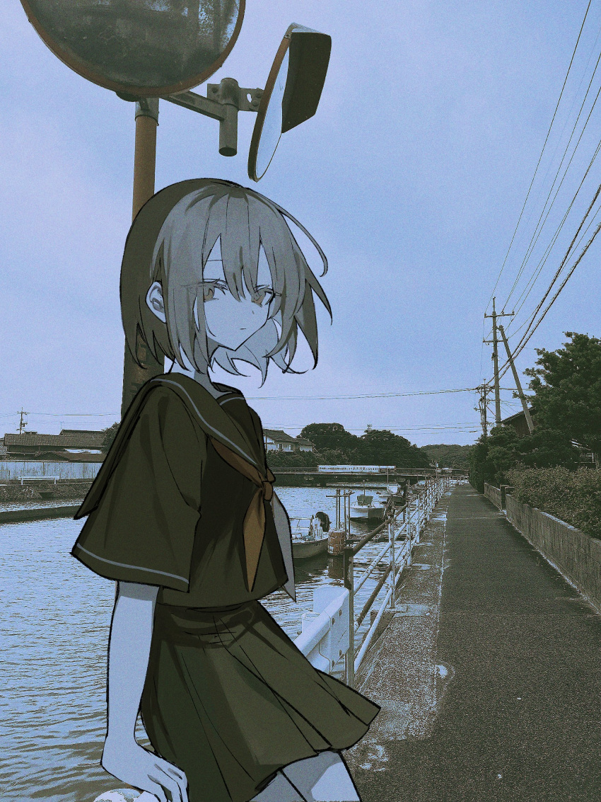 1girl, :|, absurdres, arm_rest, arms_at_sides, black_sailor_collar, black_serafuku, black_shirt, black_skirt, blue_sky, bridge, clear_sky, closed_mouth, cowboy_shot, dot_nose, expressionless, from_side, grey_eyes, grey_hair, hair_between_eyes, highres, looking_at_viewer, miniskirt, neckerchief, on_railing, original, outdoors, photo_background, pleated_skirt, power_lines, railing, red_neckerchief, river, sailor_collar, school_uniform, serafuku, shirt, short_hair, si_(wooupp), sidelocks, sitting, skirt, sky, solo, traffic_mirror, tree, utility_pole