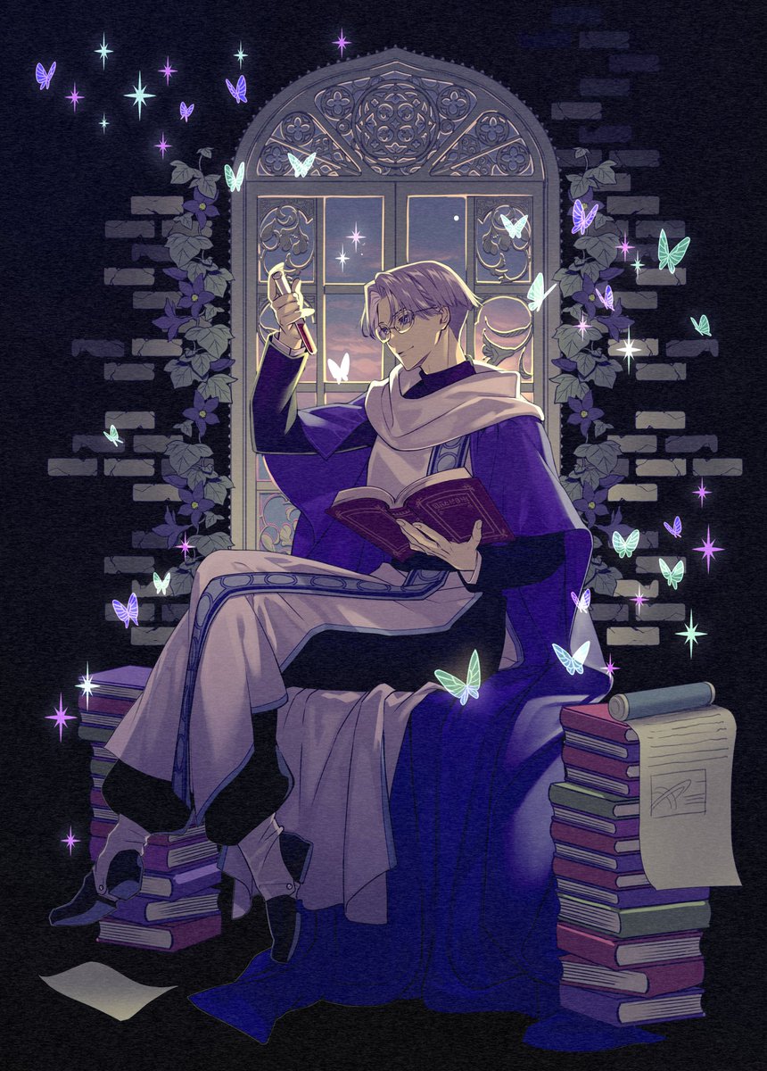 1boy, atelier_(series), atelier_marie, black_background, blue_eyes, blue_flower, book, book_stack