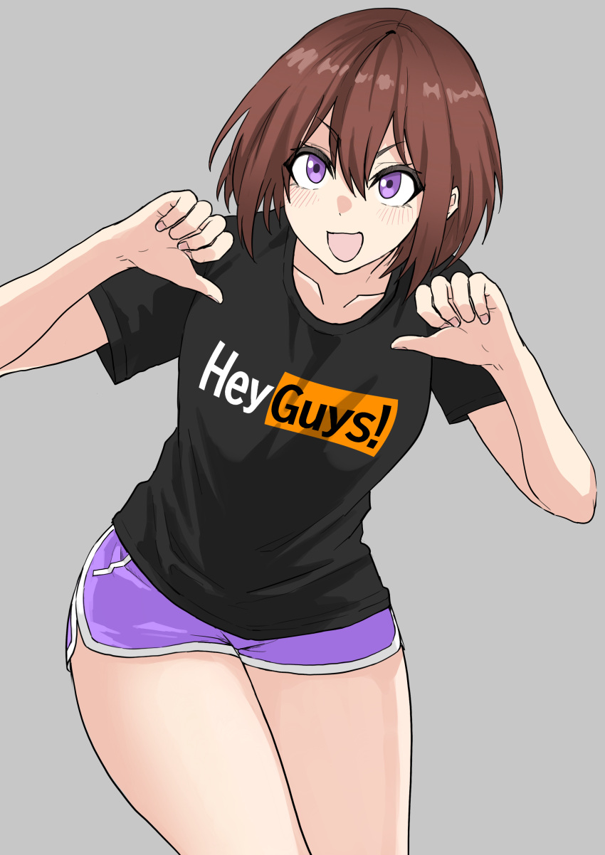 1girl, absurdres, black_shirt, black_t-shirt, brand_name_imitation, brown_hair, clothes_writing, fuku_(fuku12290574)