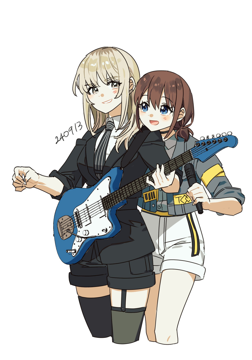 2girls, absurdres, belt, black_choker, black_jacket, black_necktie, black_shorts, black_thighhighs