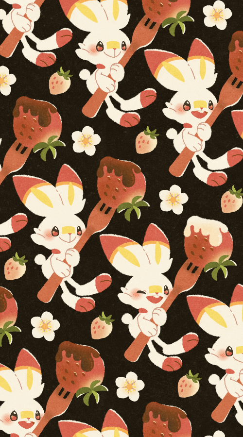 brown_background, chocolate_strawberry, closed_mouth, flower, food, fork, fruit, full_body