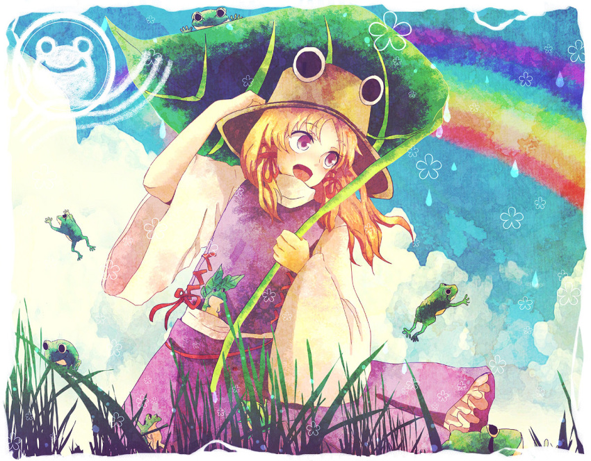 bad_id, blonde_hair, eyes, frog, hat, kuga_asumi, leaf, moriya_suwako