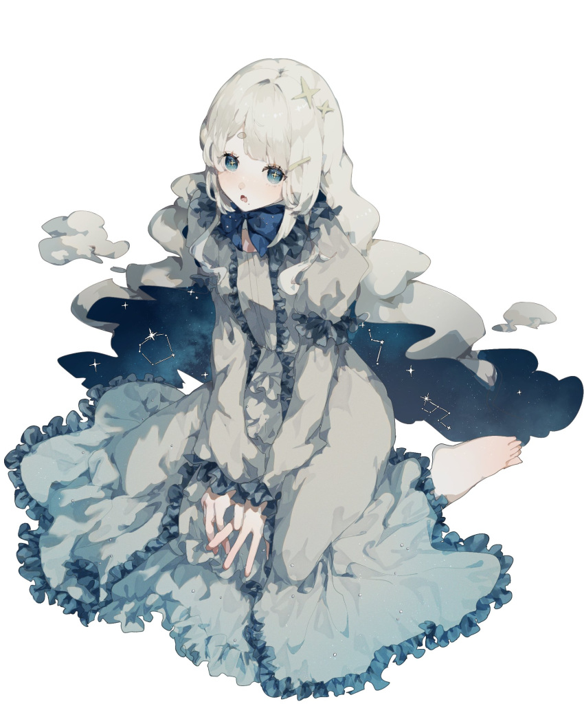 1girl, barefoot, blue_bow, blue_bowtie, blue_eyes, bow, bowtie, commentary, double_exposure, dress, frilled_dress, frills, full_body, grey_background, grey_dress, hair_ornament, hairclip, highres, ibispaint_(medium), long_hair, long_sleeves, looking_at_viewer, making-of_available, open_mouth, original, sidelocks, simple_background, sitting, sky, solo, star-shaped_pupils, star_(sky), star_(symbol), star_hair_ornament, starry_sky, symbol-only_commentary, symbol-shaped_pupils, very_long_hair, white_background, yuyufufu