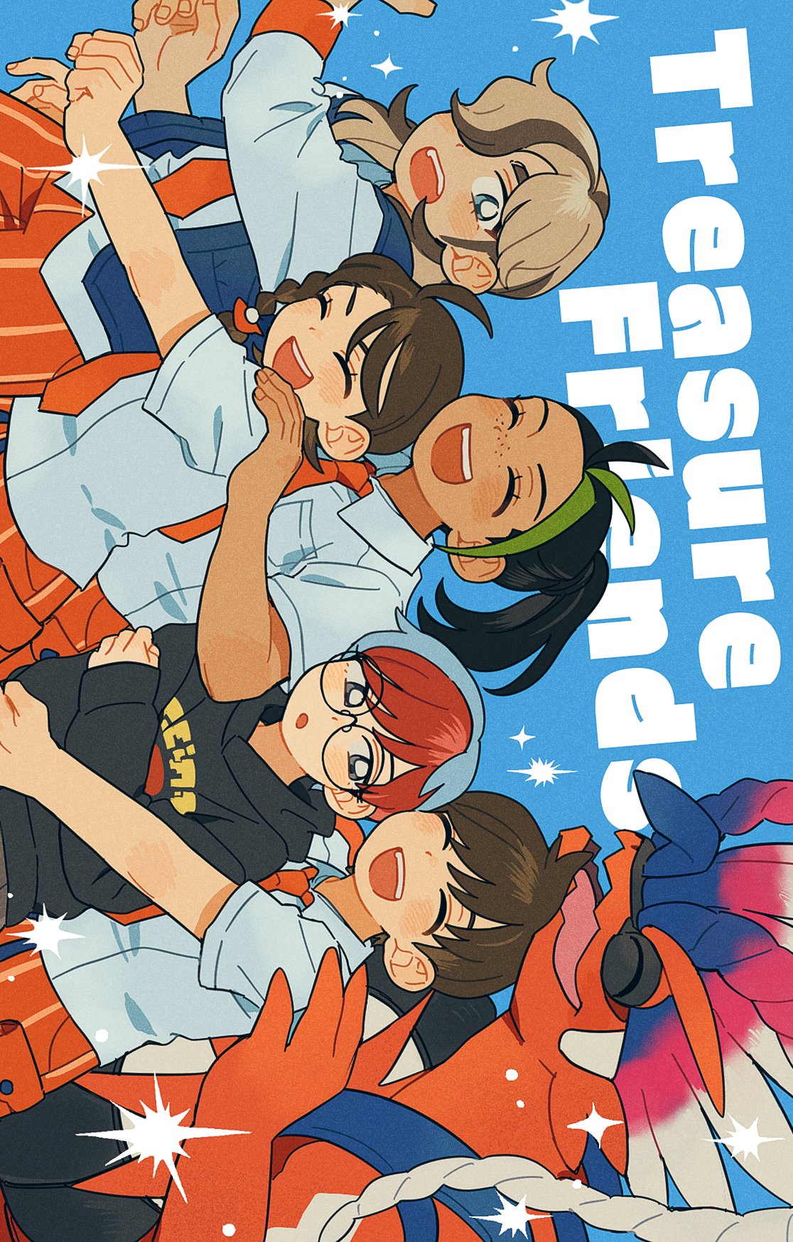 0pkmn, 2boys, 3girls, ahoge, arven_(pokemon), black-framed_eyewear, black_hair, black_hoodie, blue_eyes, blue_hair, blue_vest, blush, braid, brown_hair, closed_eyes, collared_shirt, cowlick, english_text, florian_(pokemon), freckles, green_hair, grey_eyes, hand_on_another's_shoulder, highres, hood, hoodie, juliana_(pokemon), koraidon, long_hair, multicolored_hair, multiple_boys, multiple_girls, naranja_academy_school_uniform, necktie, nemona_(pokemon), open_mouth, orange_necktie, orange_shorts, penny_(pokemon), pokemon, pokemon_(creature), pokemon_sv, ponytail, print_hoodie, redhead, round_eyewear, school_uniform, shirt, short_hair, shorts, smile, sparkle, streaked_hair, teeth, two-tone_hair, vest, white_shirt