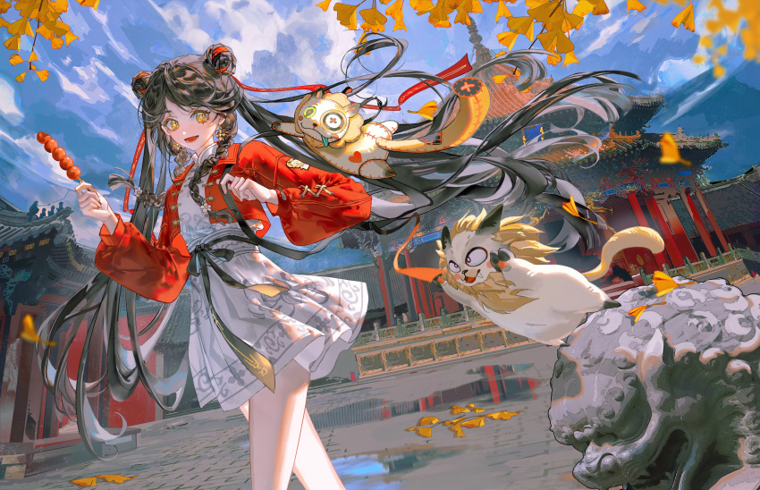 +_+, 1girl, :d, absurdres, animal_bag, architecture, black_hair, blue_sky, braid, brick_floor, cat, cat_bag, chinese_guardian_lion, cowboy_shot, day, double_bun, dress, dutch_angle, earrings, east_asian_architecture, falling_leaves, floating_hair, food, ginkgo_leaf, ginkgo_tree, guang_(guilongchao), guilongchao, hair_bun, hair_ribbon, hands_up, highres, holding, holding_food, jacket, jewelry, leaf, long_hair, long_sleeves, looking_to_the_side, pet, puddle, puffy_long_sleeves, puffy_sleeves, red_jacket, red_ribbon, ribbon, second-party_source, shanzha_(fruit), short_dress, simian_chuge, sky, smile, solo, tanghulu, twin_braids, twintails, very_long_hair, walking, wet_floor, white_dress, yellow_eyes