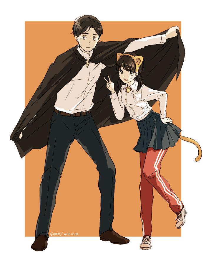 1boy, 1girl, animal_ear_hairband, animal_ears, bell, belt, black_eyes, black_skirt