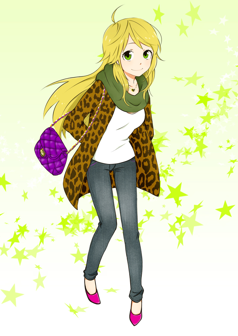 blonde_hair, blue_hair, coat, fashion, green_eyes, hanatsuka, hoshii_miki, idolmaster, idolmaster_2, jeans, jewelry, leopard_print, necklace, purse, scarf