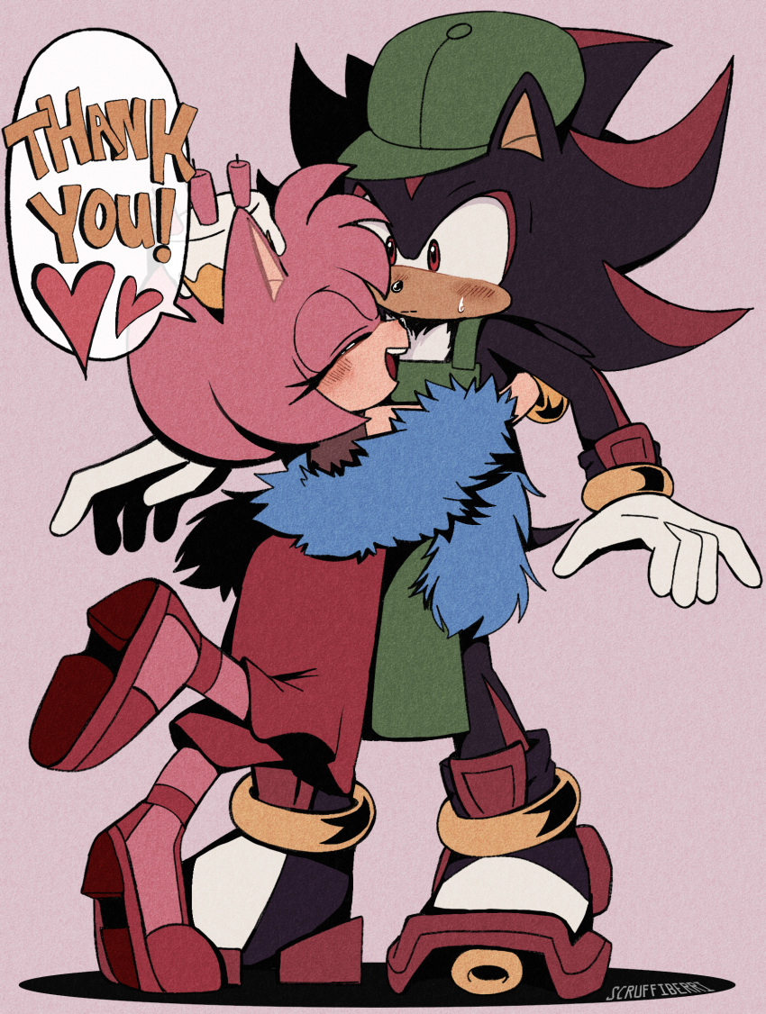 1boy, 1girl, amy_rose, animal_ears, animal_nose, apron, black_fur, blush