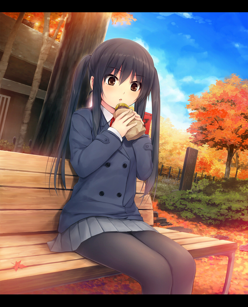 bench, black_hair, brown_eyes, coffee-kizoku, dutch_angle, eating, food, k-on!