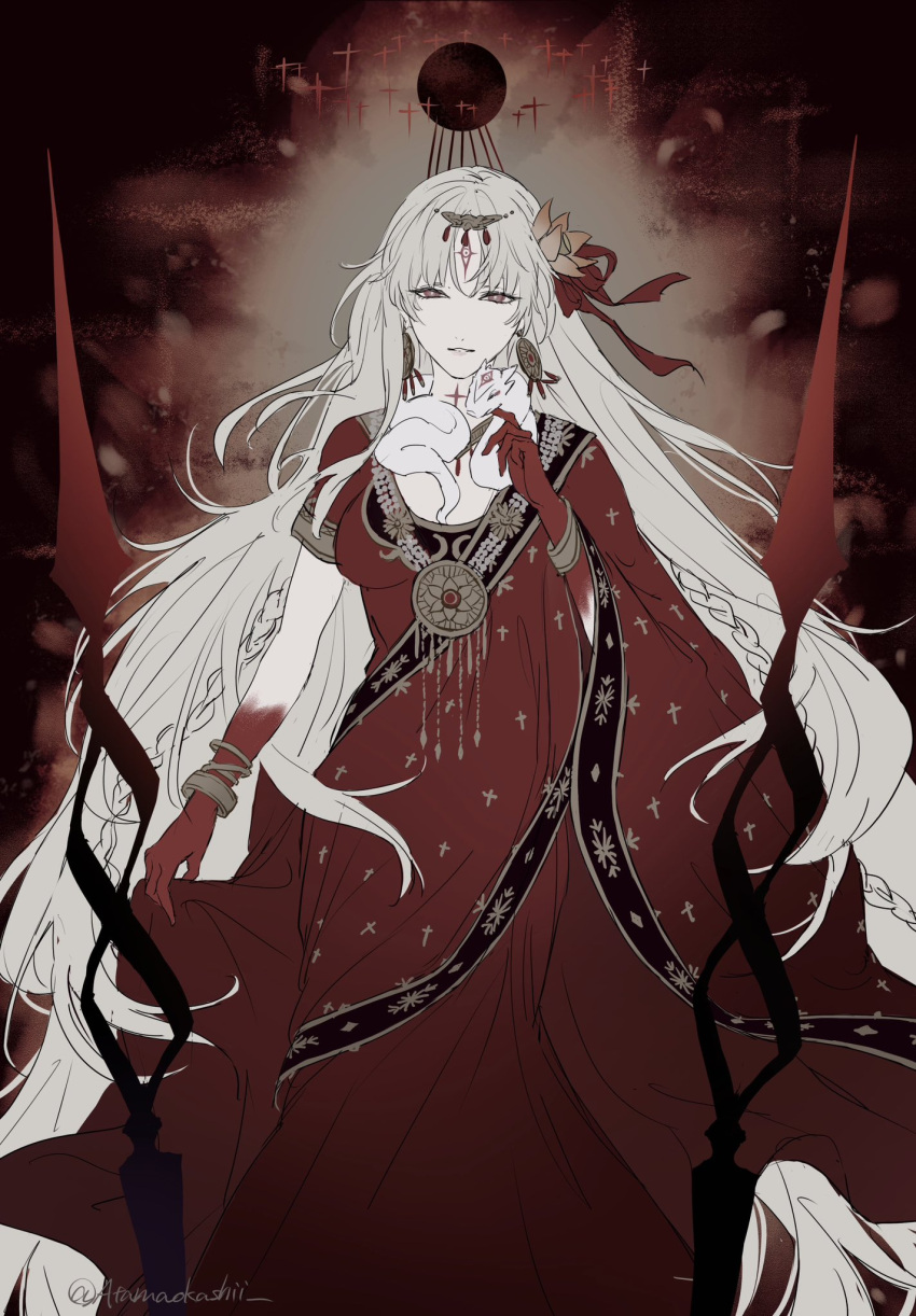 1girl, body_markings, bracelet, breasts, circlet, colored_skin, cropped_legs, dress, durga_(fate), durga_(second_ascension)_(fate), earrings, facial_mark, fate/grand_order, fate_(series), flower, forehead_mark, gradient_skin, hair_flower, hair_ornament, hair_ribbon, highres, indian_clothes, jewelry, large_breasts, long_hair, looking_at_viewer, necklace, red_dress, red_eyes, red_skin, ribbon, ruki_atamaokasii, sari, sash, smile, snake, solo, very_long_hair, white_hair, white_snake