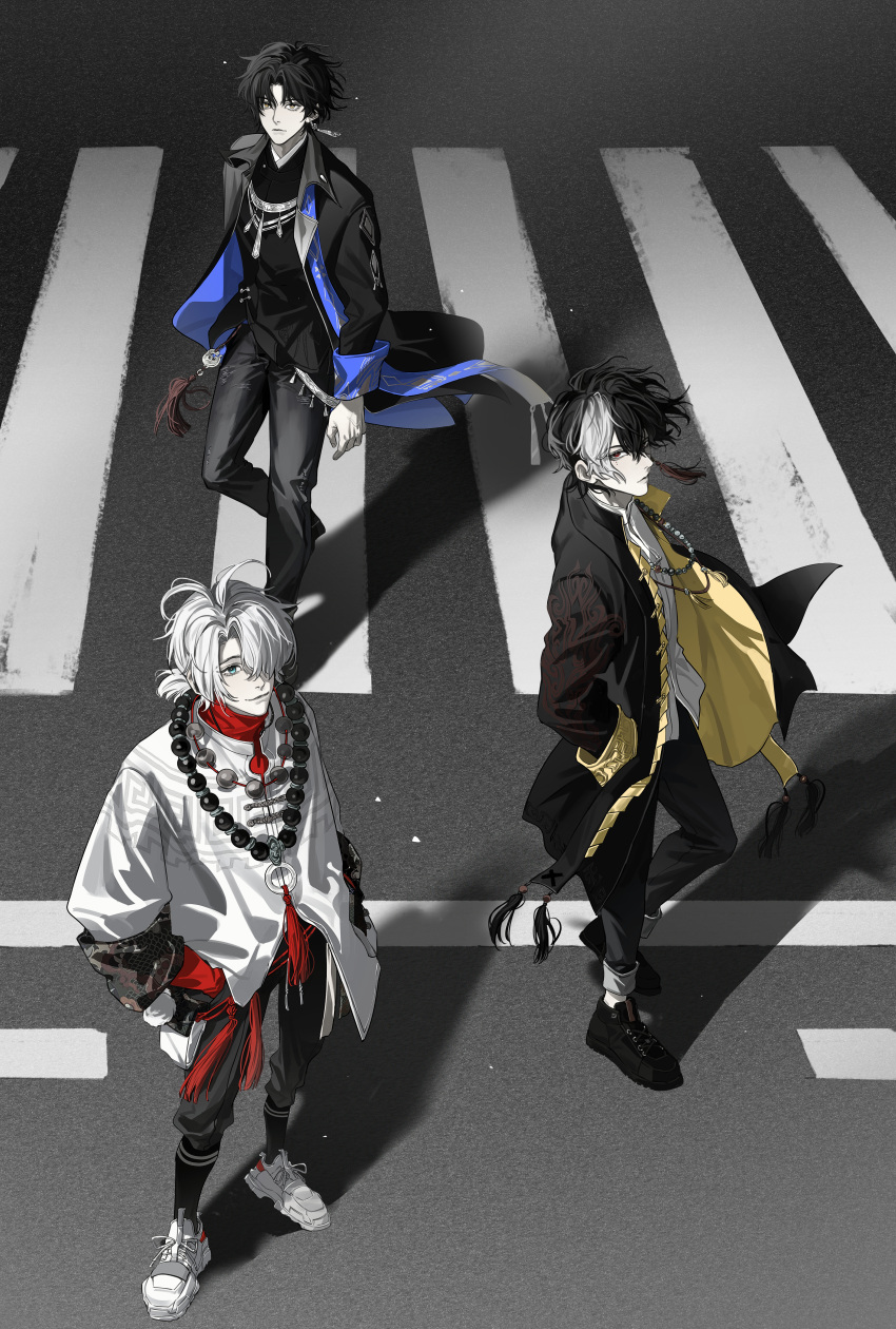 3boys, absurdres, bead_necklace, beads, black_coat, black_footwear, black_hair, black_jacket